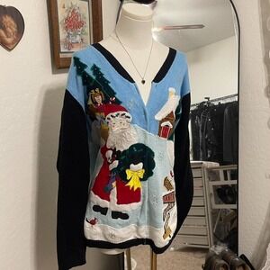 Vintage 90s Whimsical Patchwork Embroidered Christmas Santa Cardigan